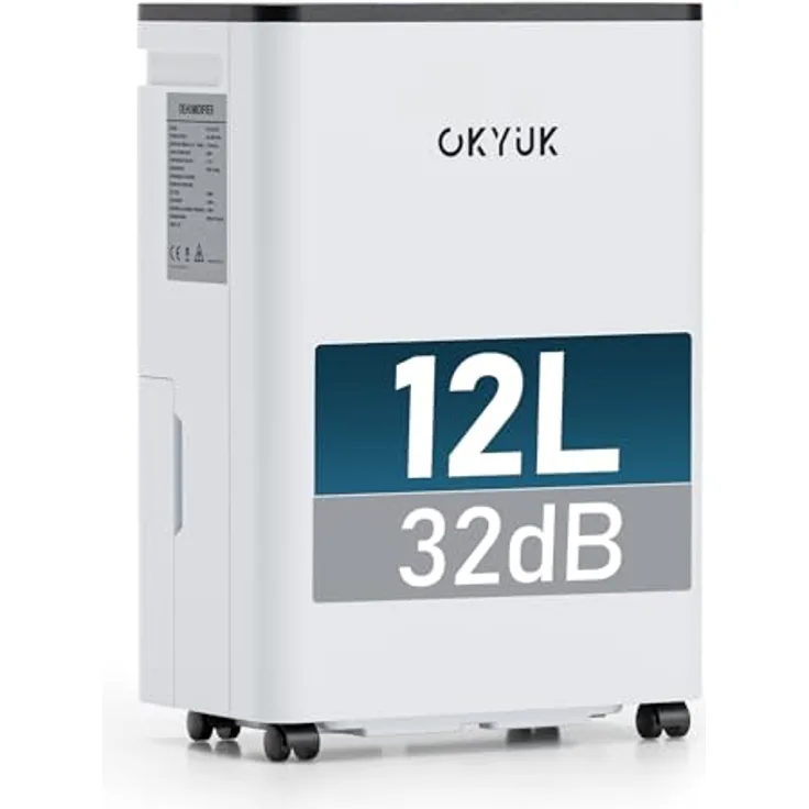 OKYUK Luftentfeuchter 12L, Elektrisch mit Digitaler Luftfeuchtigkeitsanzeige, 32dB Leiser Betrieb, Automatische Abschaltung, für Wohnmobil, Badezimmer, Keller, Weiß