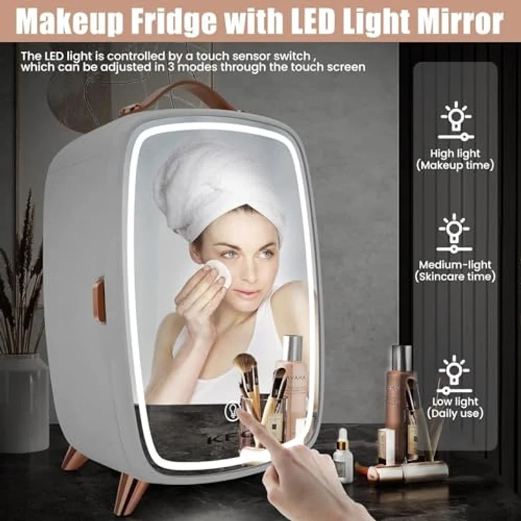 KFO Mini Kosmetik Kühlschrank 6L, Ultra-Leise (20 dB) mit LED-Spiegel, Weiß, für Skincare & Make-up – Bild 3