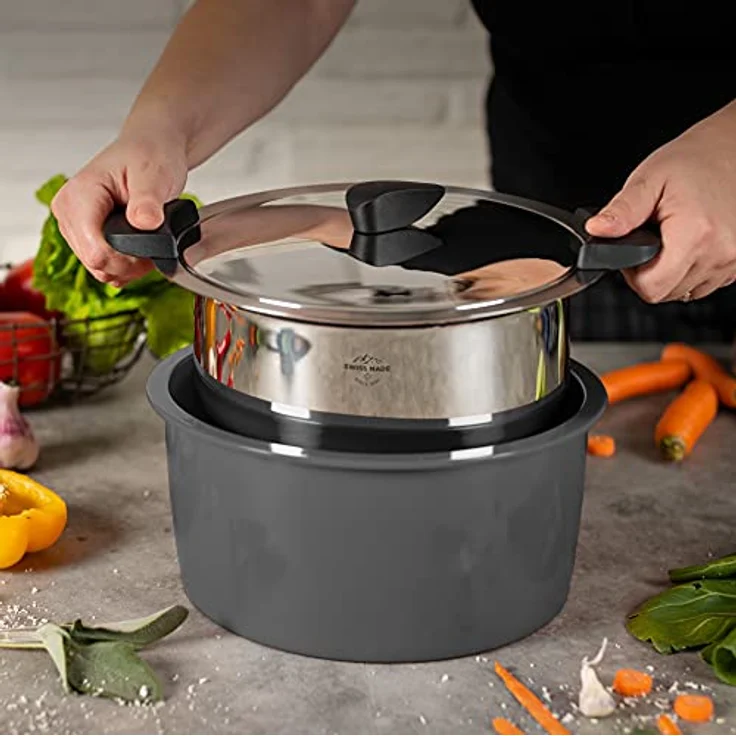 KUHN RIKON HOTPAN Kochtopf mit Thermoschüssel, 2 Liter, 18 cm, Grau, Edelstahl, induktionsgeeignet, dampfgaren, energieeffizient, warmhalten – Bild 2
