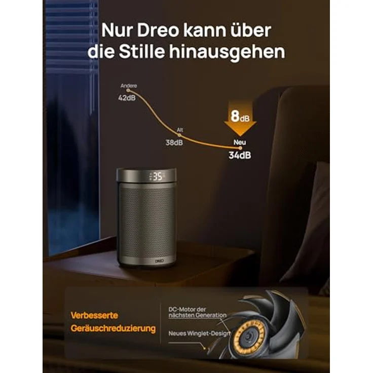 Dreo Heizlüfter, 1500W keramischer Heizlüfter mit 34 dB, ECO-Modus, Thermostat, Überhitzungs- & Kippschutz, silber – Bild 7