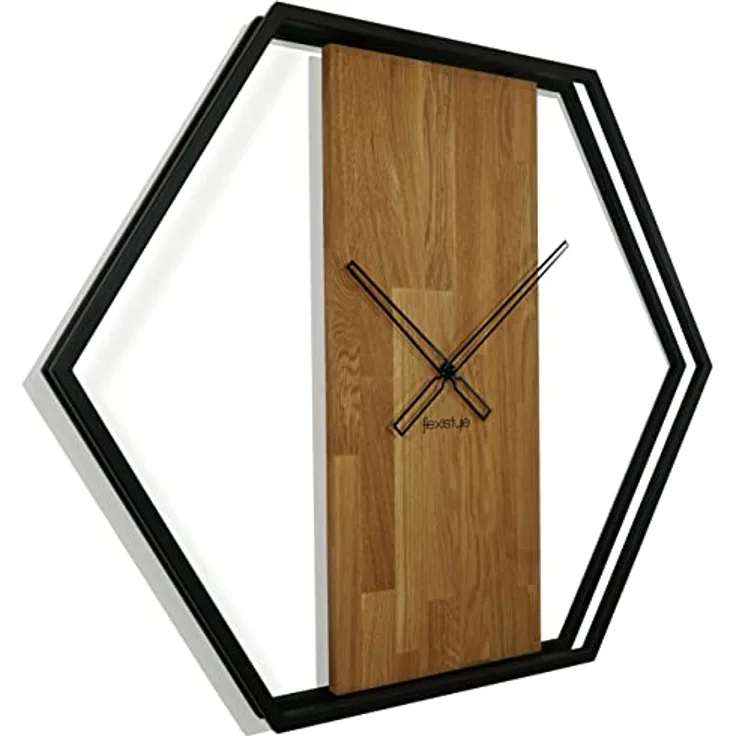 Wanduhr groß XXL Hexagon Holz Eiche LOFT schwarz Industrial modern 80cm Durchmesser ohne Ticken