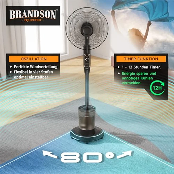Brandson 308329 Ventilator mit Ultraschall-Luftbefeuchter, 5L Wassertank, Fernbedienung, Timer, 80° Oszillation, Verdunstungskühlung – Bild 4