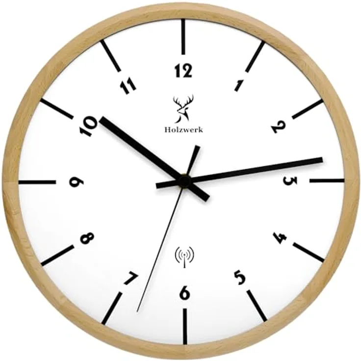 Holzwerk Germany Funk Wanduhr aus massiver Buche, 32 cm, lautloses Uhrwerk, skandinavisches Design, handgefertigt, Weiß