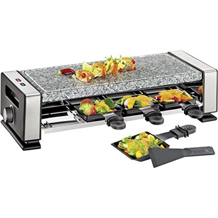 Küchenprofi Raclette VISTA8, Raclette 8 Personen, Edelstahl, Inkl. Marmor-Steinplatte, 8 antihaftbeschichtete Raclette Pfännchen und 8 Spatel, Elektrogrill Tischgrill, Steinplatte Grill
