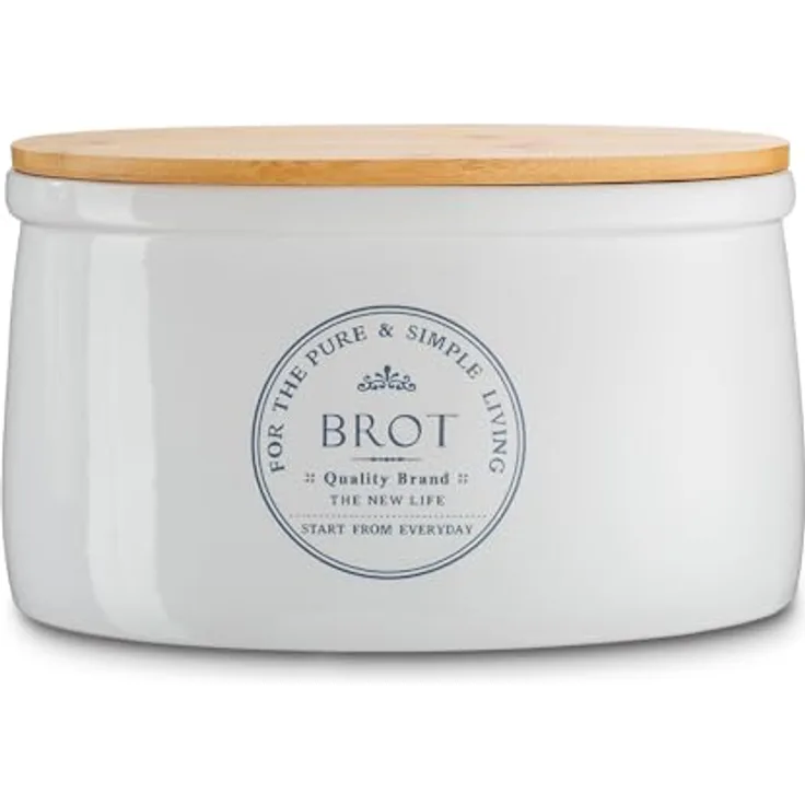 KHG Brotkasten Weiß Keramik Steingut Holzdeckel Bambus, Aufbewahrung Brot oval, Deckel als Schneidebrett, glänzend glasiert mit Emaille, Lüftungslöcher, Landhaus Vintage Stil, beschriftet