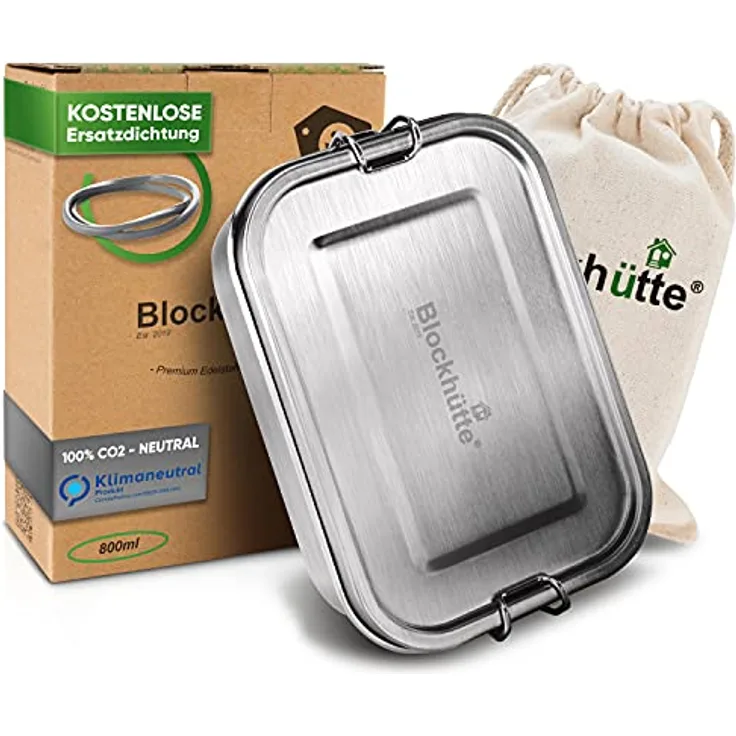 Blockhütte Premium Edelstahl Brotdose 800ml für Kinder mit 3x Fächern und Ersatzdichtung auslaufsicher - Brotzeitdose klein