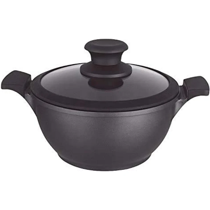 OLYMP Casserole Asien 7,5 Liter Kazan Kochtopf Induktion Wok, Aluguss mit Antihaft-Beschichtung, Glasdeckel, geeignet für alle Herdarten, schwarz