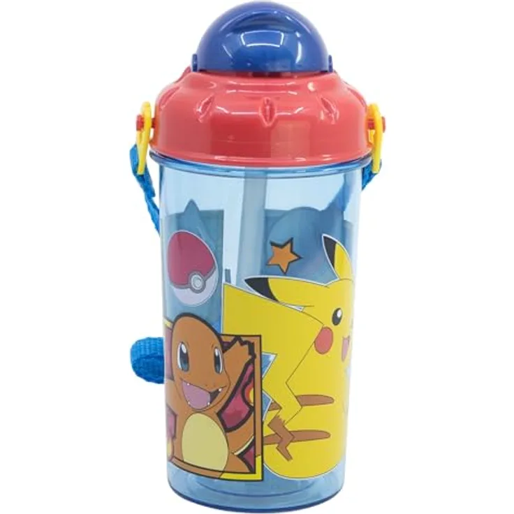 POKEMON JUEGO DE CARTAS Trinkflasche, 450 ml, mit Trageband und integriertem Strohhalm, Blau