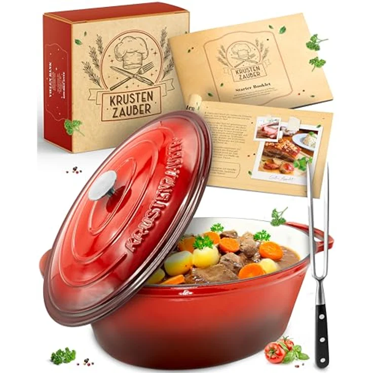 KRUSTENZAUBER 33cm Gusseisen Bräter mit Deckel, 6l Emaille Topf XL, Induktion Oval, Geschenk Weihnachten – Bild 1