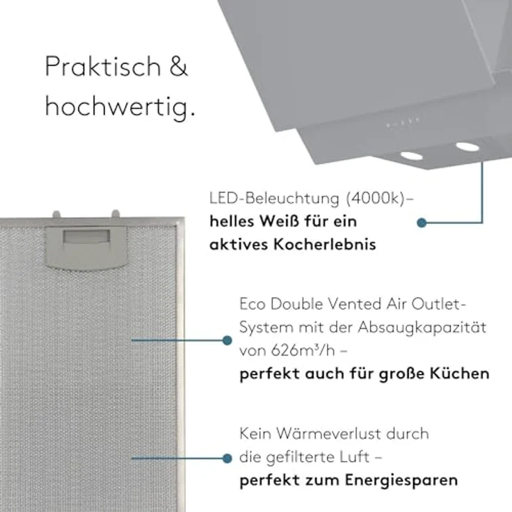 Wiggo A642 Dunstabzugshaube 60cm kopffrei I Abluft Umluft Dunstabzug 626m³/h - Touch-Display 4 Stufen I Energieeffizienzklasse A Schräghaube inkl. 2x Kohlefilter I Abzugshaube Glasfront grau – Bild 3