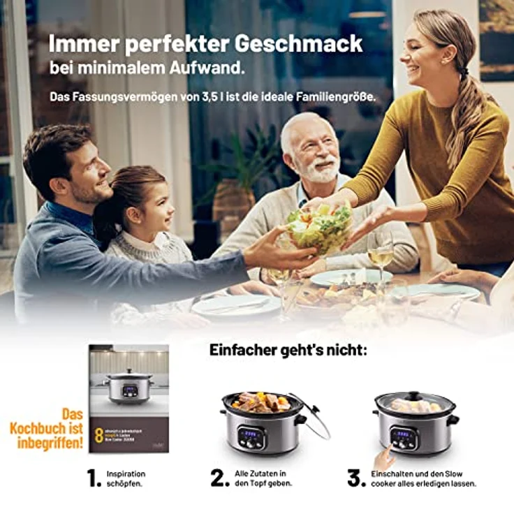 Lauben Slow Cooker 3500SB Schongarer mit Thermeffect®-Technologie, SlowHeat®-Technologie, Kochbuch, Innenbehälter aus Keramik, Zwei Temperaturstufen, Manuelle Zeiteinstellung, 3.5l – Bild 2