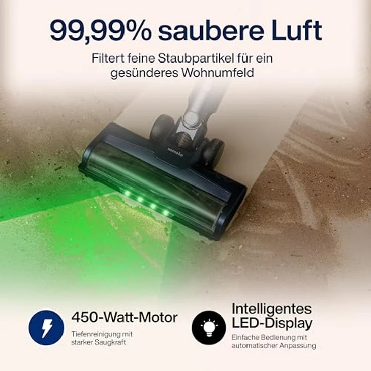 Samako Akku Staubsauger CleanDetect 450W, Handstaubsauger kabellos mit 4 Zubehörteilen und intelligenter Schmutzerkennung – Bild 5