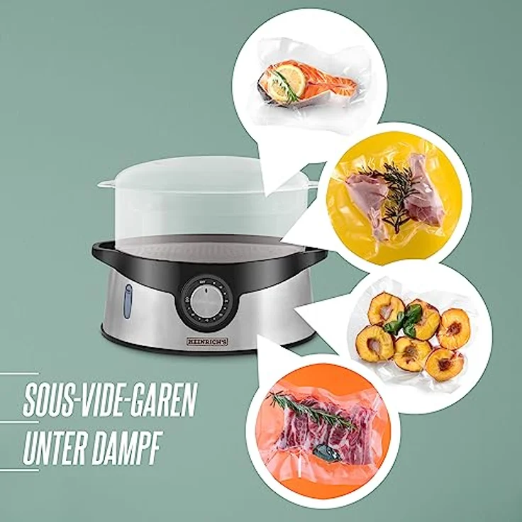 Heinrich´s Dampfgarer HDA 8501, 800,00 W, Dampfkocher, Timerfunktion, 800 Watt, Edelstahl, 3 stapelbare Etagen, 9 Liter Fassungsvermögen, BPA-frei – Bild 7