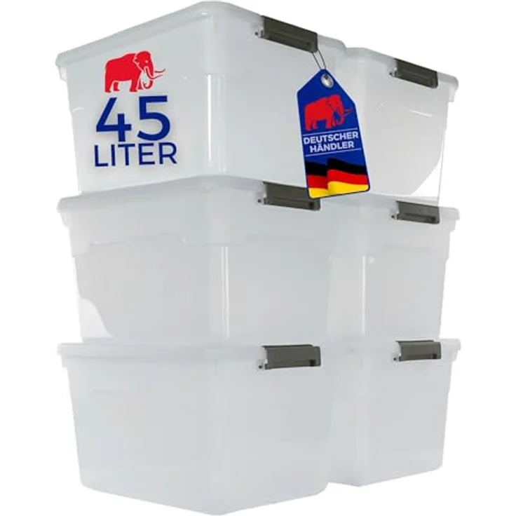 PROREGAL Aufbewahrungsbox 45L, 6er Set mit Deckel, transparent, stapelbar, mit Rollen und Verschlussclips, Kunststoffbox für Küche, Haushalt, Keller – Bild 1