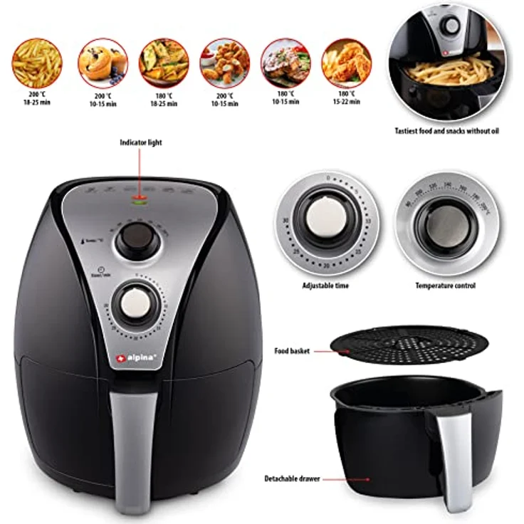 alpina Heißluftfritteuse Airfryer, ohne Öl, XL 3,2 Liter Fassungsvermögen, 80-200 Grad, 1500 Watt, Schwarz, Kunststoff – Bild 6