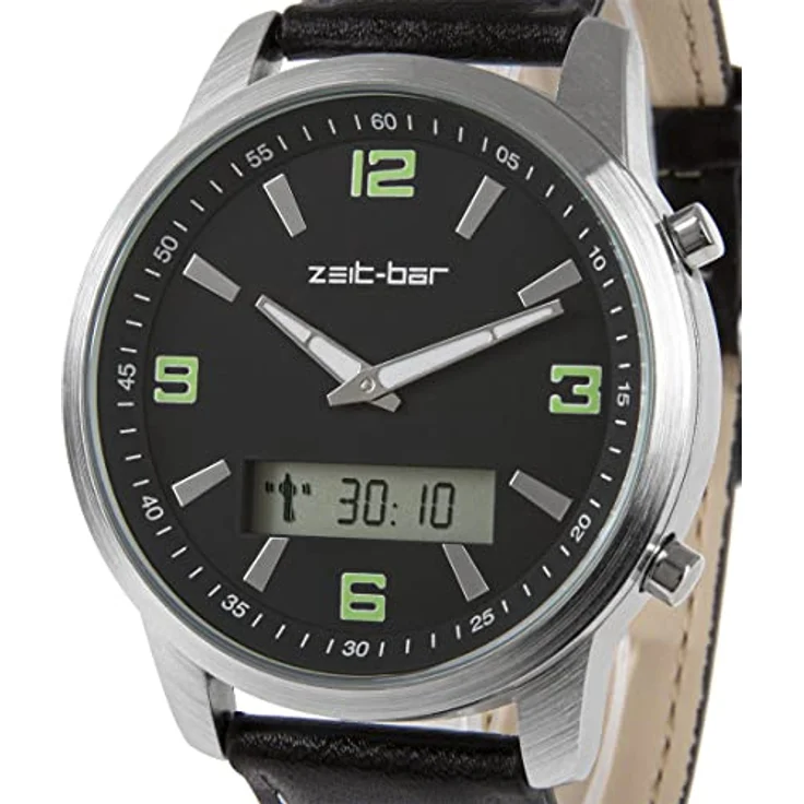 Zeit-Bar Funk-Armbanduhr Herren, Metallgehäuse, LED-Digitalanzeigen, Echtleder-Armband, schwarz – Bild 4