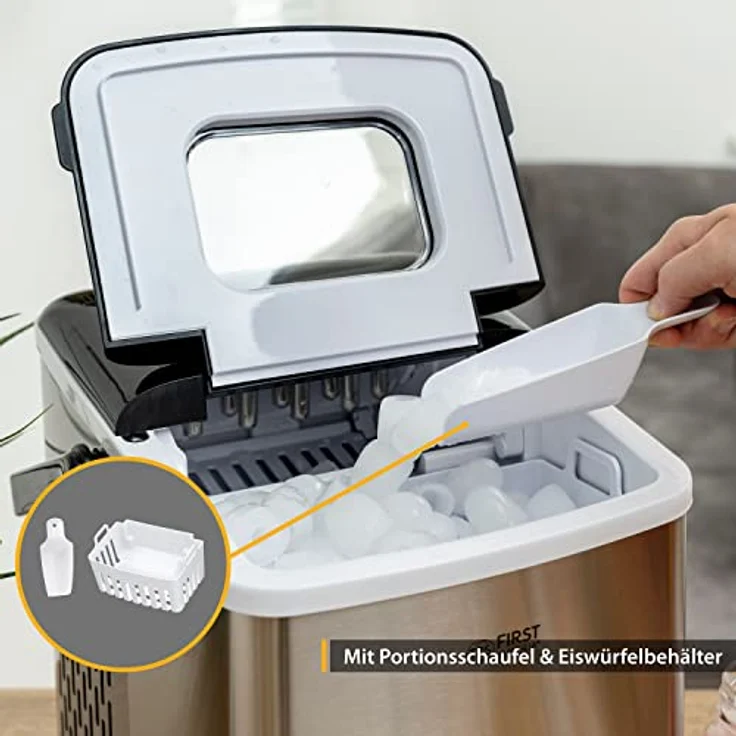 TZS First Austria Eiswürfelmaschine - Edelstahl Ice Cube Maker - 9 Würfel in 7-9 Minuten| Würfel S/L | 12 kg 24 Std | Ice Cube Maker | Eiswürfelbereiter 1,8 L Wassertank, 120W - LED Bedienpanel & tragbarer Griff – Bild 2