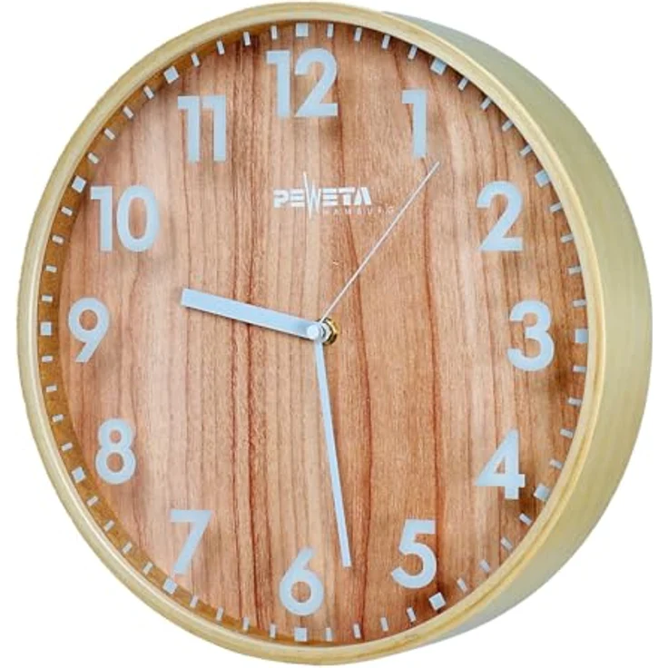 Peweta Funkwanduhr Wood, Wanduhr aus Holz in weiss und braun, Ø 30 cm, geräuschloses Uhrwerk mit arabischen Zahlen – Bild 1