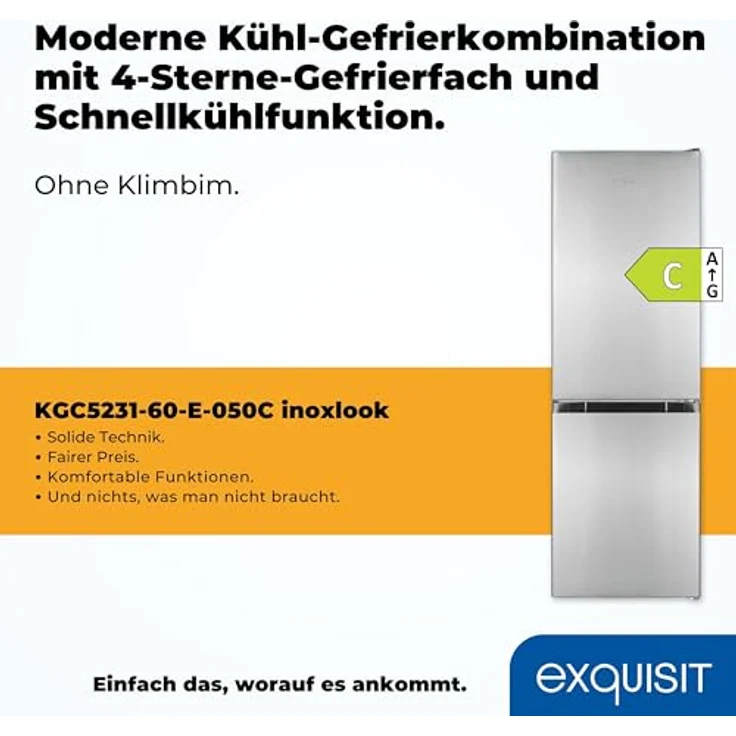 Exquisit Kühl-Gefrierkombination KGC5231-60-E-050C inoxlook | 157 l Nutzinhalt | 4-Sterne-Gefrieren | Alarm – Bild 2