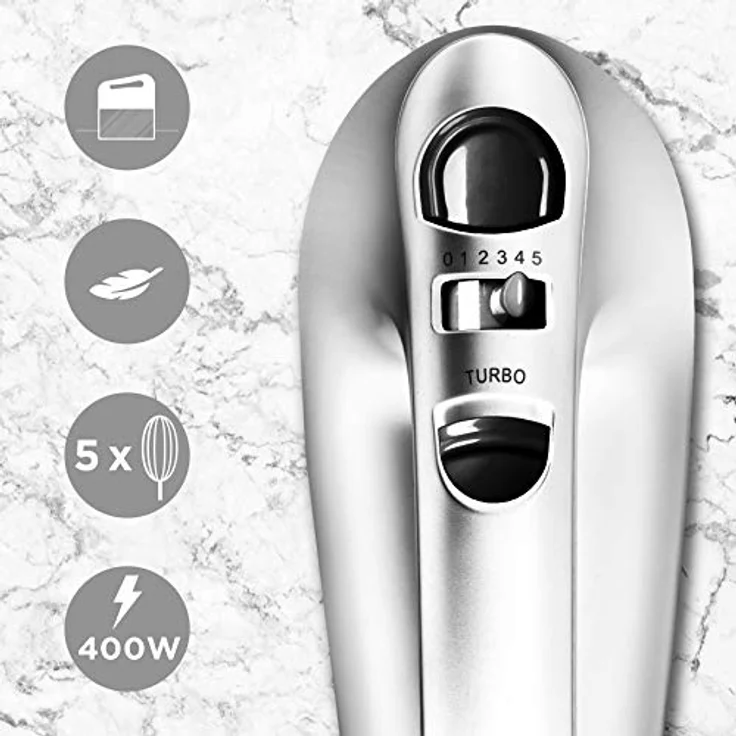 Duronic HM4 SR elektrischer Handrührer | 400 Watt Handmixer | Mixer und Handrührgerät mit Aufbewahrungsbox | Rührgerät inkl. Knethaken, Rührbesen und Schneebesen | 5 Stufen und Turbofunktion – Bild 4