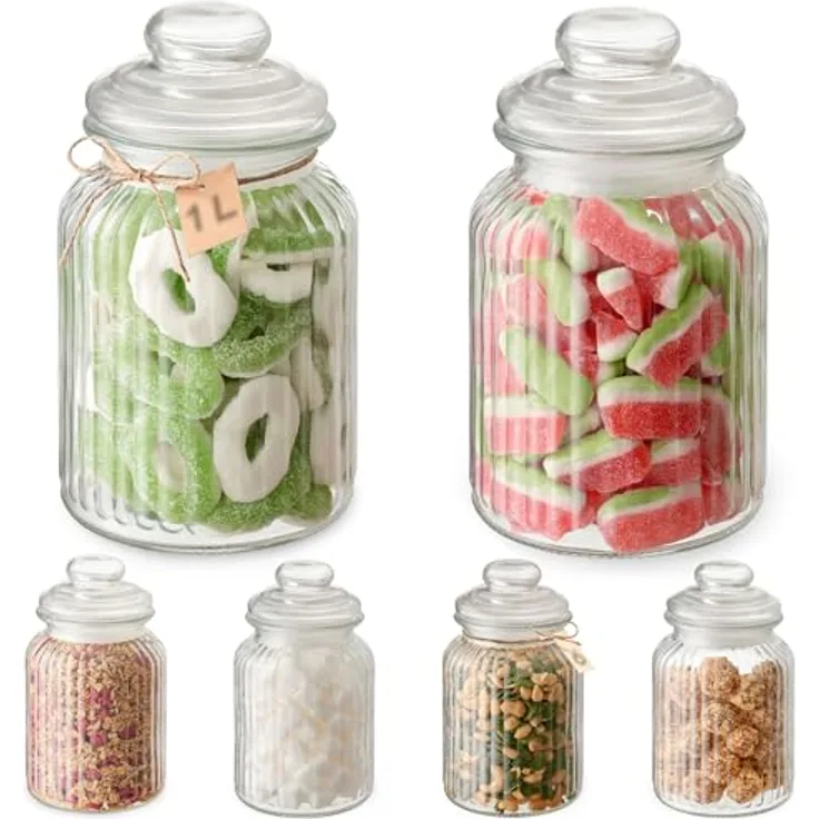 Praknu Candy Bar Gläser Groß 1L - Luftdicht - 6er Set Vintage Bonbonglas mit Deckel & Etiketten - Spülmaschinenfest - für Kekse & Süßigkeiten