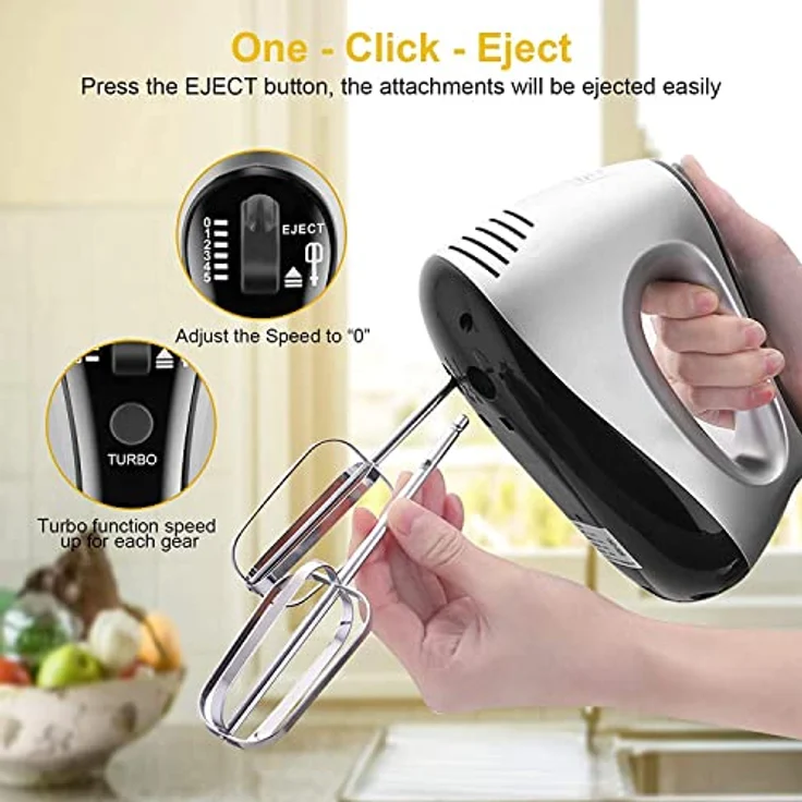 NWOUIIAY Handmixer Elektrisch 500W Handrührer 5 Drehzahl Turbinenfunktion mit 2 Mixer, 2 Haken, 2 Schneebesen - Einfaches Schlagen von Teig, Edelstahl, Schwarz – Bild 2
