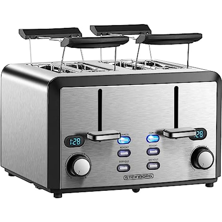 XXL Toaster 4 Toastschlitze | Toastautomat | XXL Toaster | 1600 Watt | 6-Stufen Bräuneregler | 2x Brötchenaufsatz | Auftau-Funktion | 2x Krümelschubladen | Edelstahl | 4-Fach Toaster | LED Displays – Bild 1