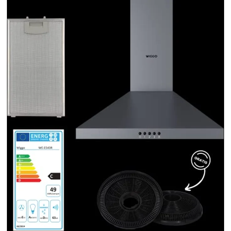 Wiggo Dunstabzugshaube 60cm I Wandhaube für Abluft oder Umluft Dunstabzug 300m³/h mit LED-Beleuchtung & 3 Leistungsstufen I Wandhaube inkl. Fettfilter & 2x Kohlefilter I Abzugshaube Inox – Bild 5