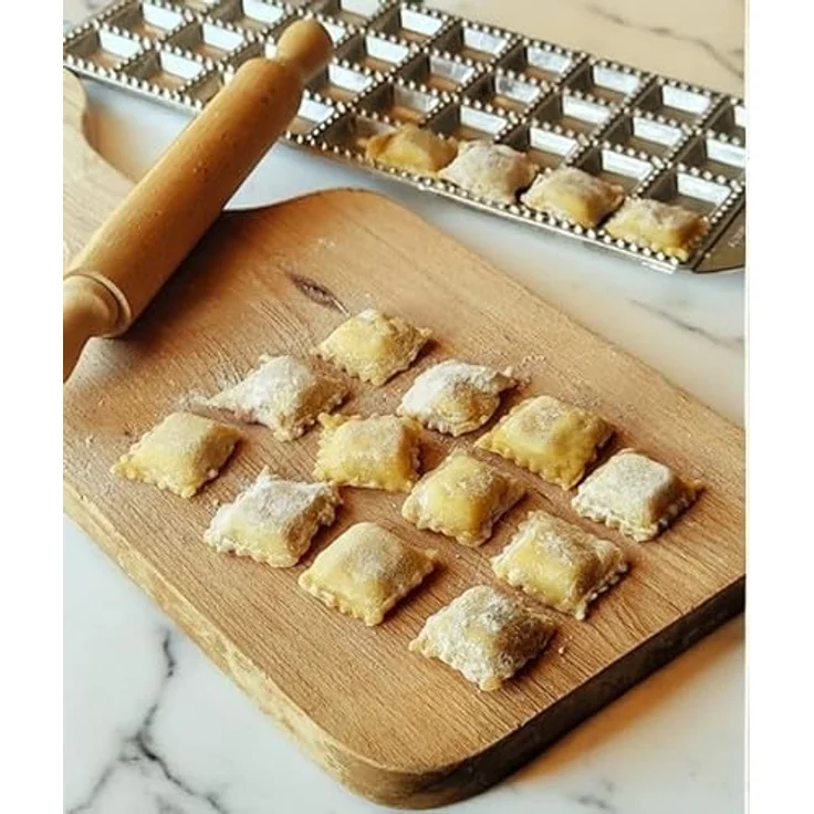 Imperia RAVIOLAMP 24 RAVIOLI CLASSICI, Ravioliform aus Aluminium mit Buchenholz Teigrolle, silberfarben, 34 x 34 mm – Bild 7
