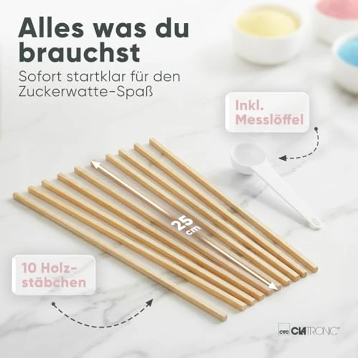 Clatronic ZWM 3478, Zuckerwattemaschine 500W mit Messlöffel, 10 Holzstäbchen und Spritzschutz, mint – Bild 4