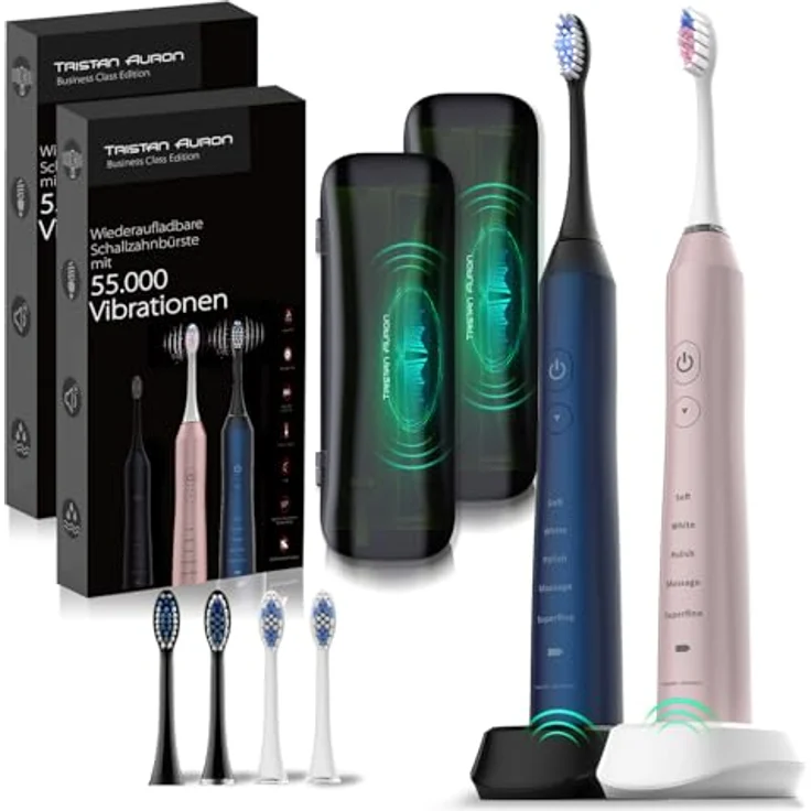 Tristan Auron Schallzahnbürste Business Class Doppelpack 55000 VPM + UV Case - 60 Tage Akku - 5 Putzmodi - Wasserdicht - Ladegerät für elektrische Zahnbürste (pink/blau) – Bild 1