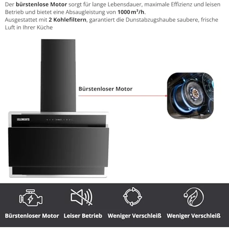 KB ELEMENTS Dunstabzugshaube Unterbau 60 cm, 1000 m³/h, Touch- und Gestensteuerung, Abluft- und Umluftbetrieb, Fernbedienung, LED-Beleuchtung – Bild 5