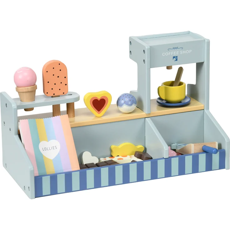 AIYAPLAY Eisdiele Kinder Holz, Eis Holzspielzeug für Kinder mit Küchenzubehör, Hellblau