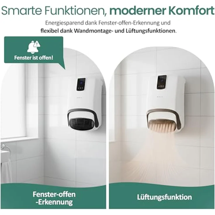 Emerio BH-123818 Bad Heizlüfter, 2000W, für Räume bis 20 m², IP23, 2 Heizstufen, einstellbarer Thermostat, 24h Timer, Handtuchhalter, Wandmontage, Ventilatorfunktion, Touch Display – Bild 4