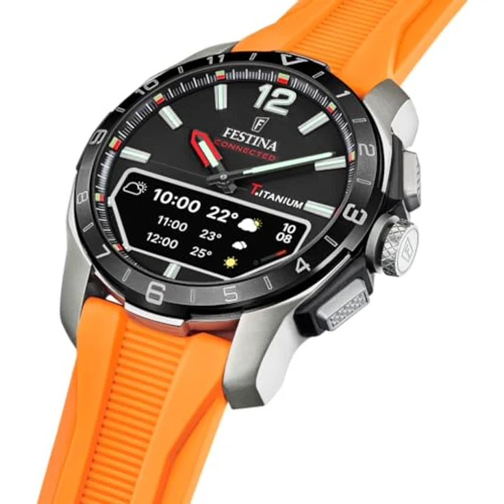 Festina F23000/D Connected D, Herren Hybrid Uhr mit schwarzem Zifferblatt, silbernem Titan-Gehäuse und orangefarbenem Silikonband, wasserdicht bis 3 bar – Bild 3