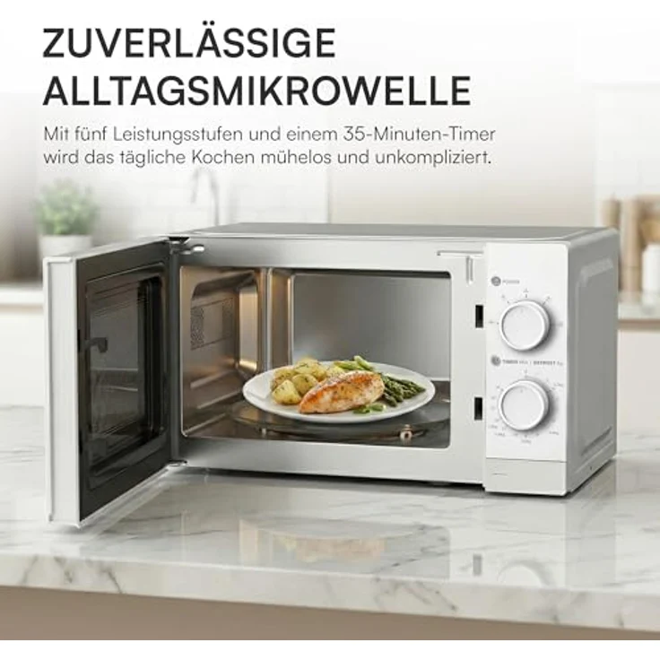 Heinner HMW-MD20MWH Mikrowelle 20 L, 700 W mit Mechanischer Steuerung, Timer und Auftaufunktion, Weiß – Bild 4