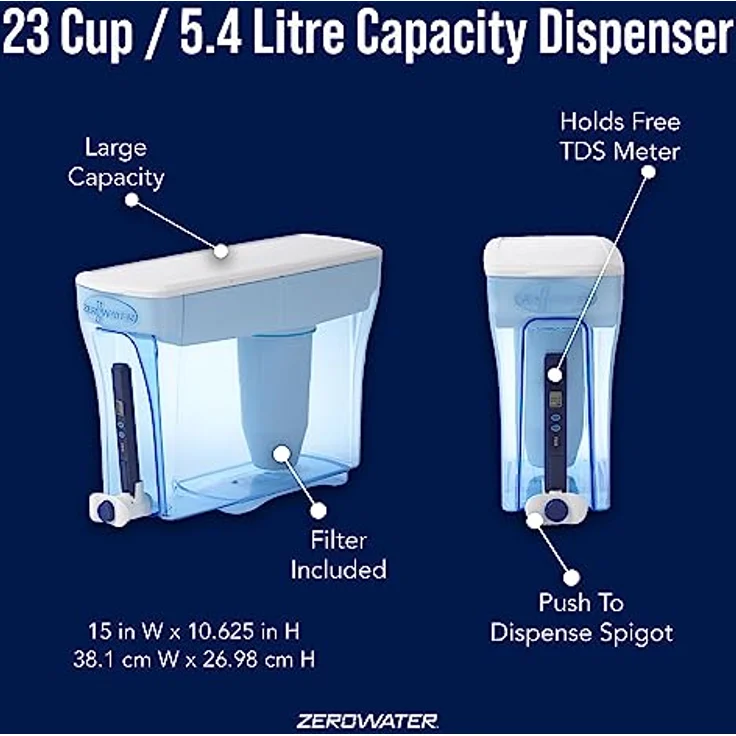 ZeroWater 5,4 L 5-Stufiger Wasserspender mit Wasserfilter - NSF-Zertifiziert - Wasser Filtersystem zur Reduktion von Blei, Anderen Schwermetallen und PFOA/PFOS - Weiß und Blau – Bild 3