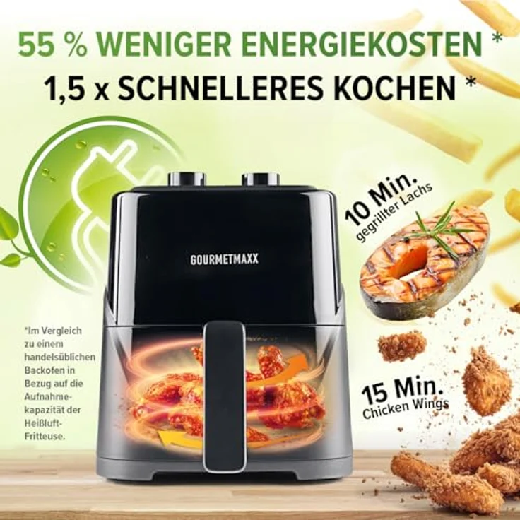 GOURMETmaxx Heißluftfritteuse 3,2 L, 1300 W schwarz | Mechanisch mit Timer & Temperaturregler | Kompakt für fettfreies Frittieren, Braten & Grillen – Bild 5