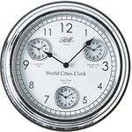 Riviera Maison Uhr Silber, Wanduhr rund, Uhr Wand, küchenuhr rund- World Cities Clock - Metall gefertigt mit Glas - ?51 und 7cm tief