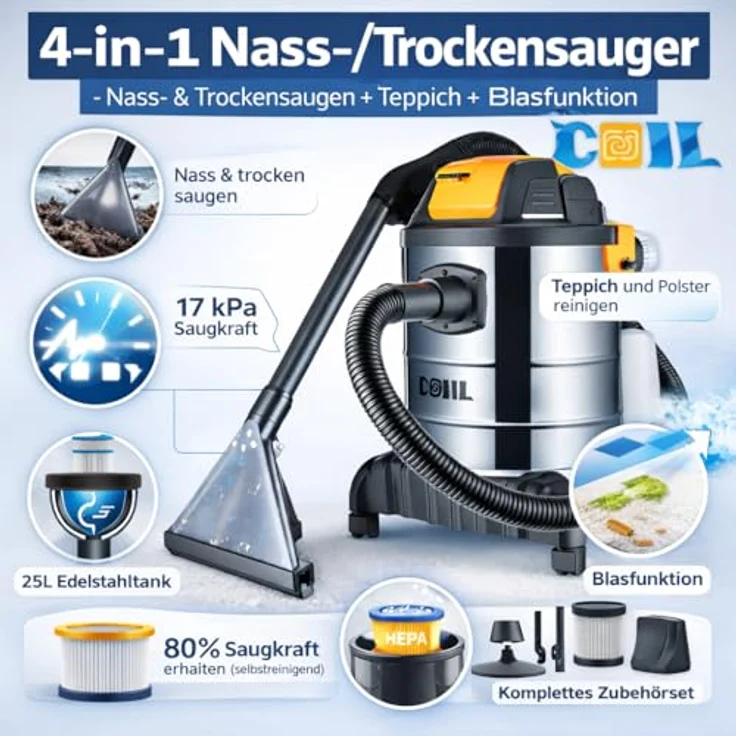 COIL 4-in-1 Nass-Trocken-Sauger, Waschsauger mit 17 kPa Saugleistung, 5L Wassertank, 1300 W, beutellos, inklusive HEPA-Filter und Sprüh- sowie Blasfunktion – Bild 2