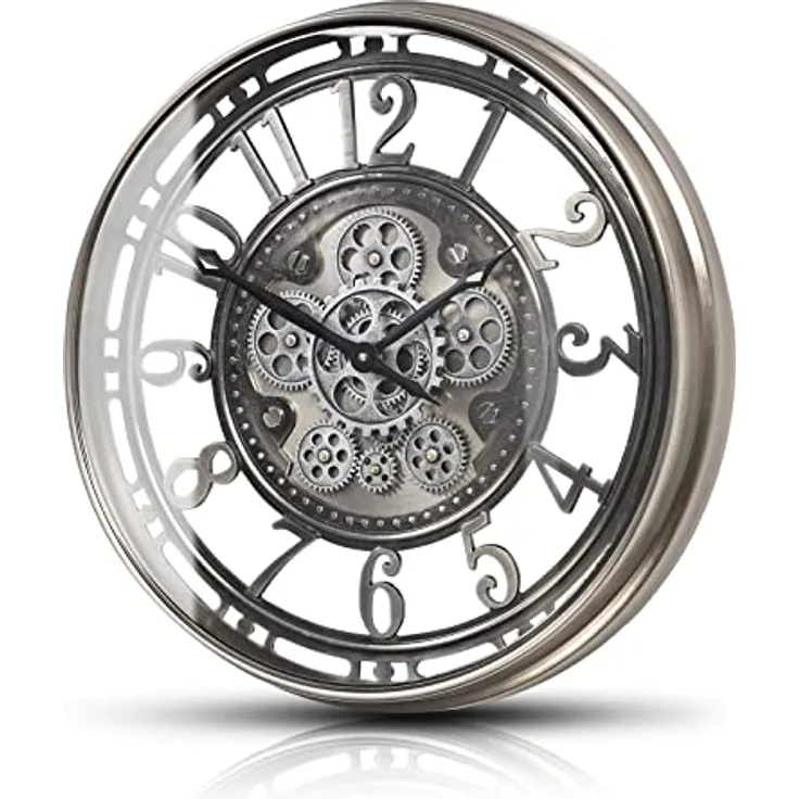 Samilito Wanduhr mit echtem Bewegungsgetriebe Zahnrädern römische oder arabische Ziffern (Arabische Zahlen, Silber)