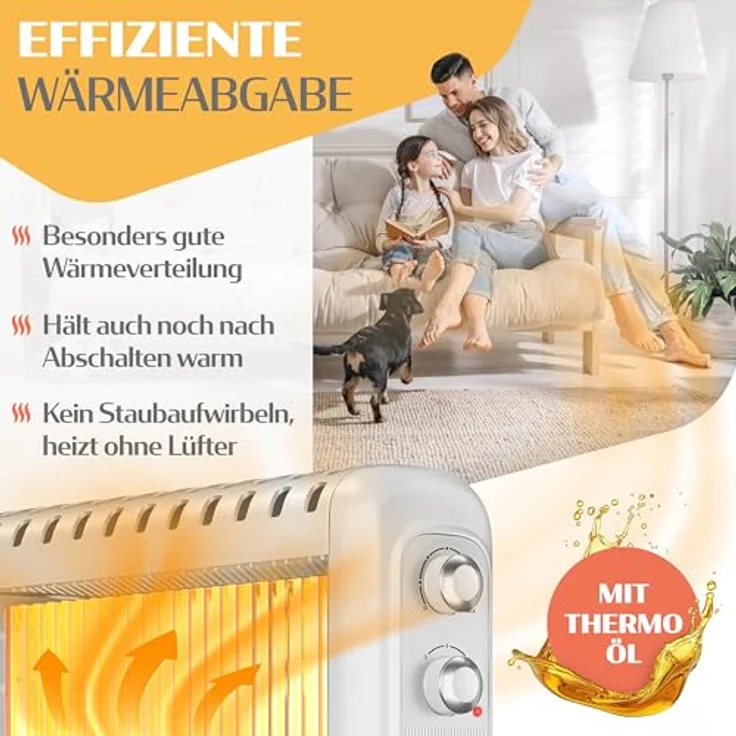 KESSER® Ölradiator 2500W, energiesparend mit Thermostat und 3 Heizstufen, ölgefüllt, Schutzgehäuse, 360° Rollen, elektrisch, Weiß – Bild 5