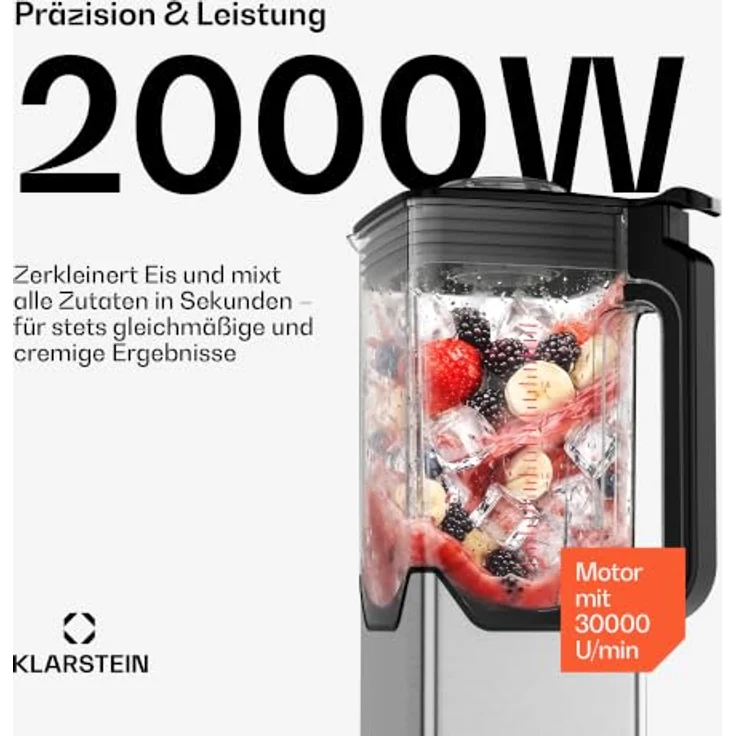 Klarstein Kraftpaket Pro Hochleistungsmixer – 2000 W, 30.000 U/min, 2-Liter-Behälter, 6 Edelstahlklingen, Silberfarben – Bild 3