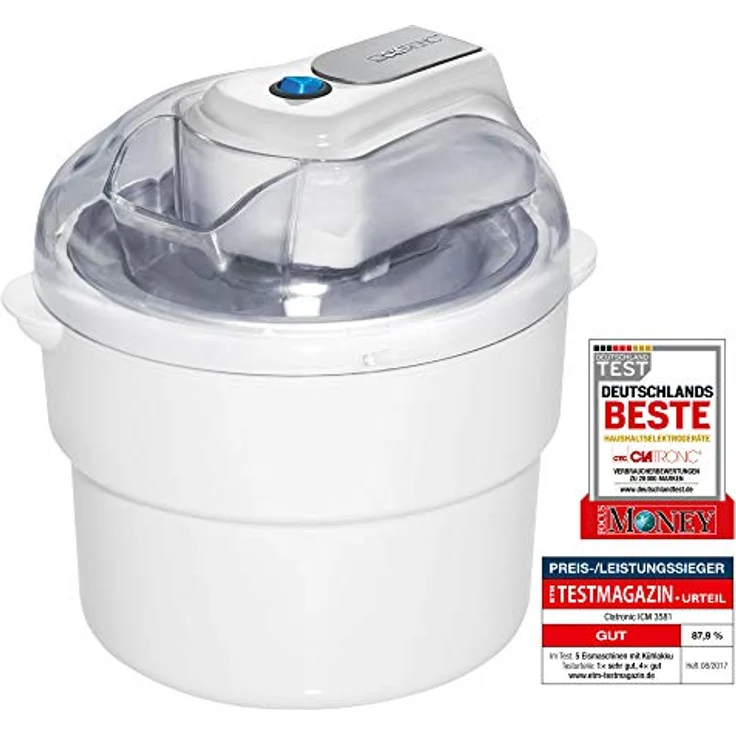 Clatronic ICM 3581 Eiscreme-Maker , geeignet zur Zubereitung von Sorbet, Eis und Frozen Joghurt, für bis zu 1500 ml Eiscremé, Deckel mit Nachfüllöffnung, weiß – Bild 2