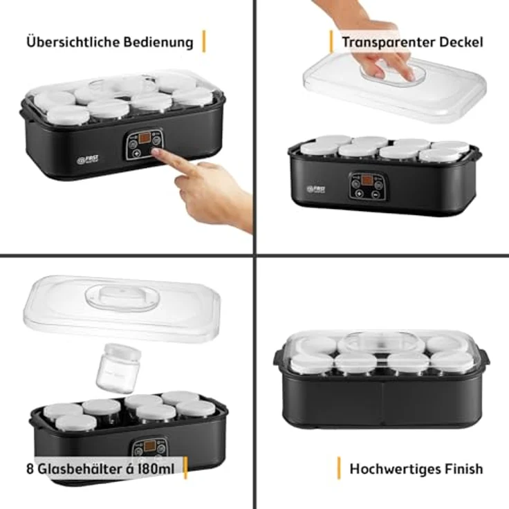 TZS FIRST AUSTRIA Joghurtbereiter, 8 Glasbehälter à 180 ml, LED-Display, Temperaturregelung 20–55 °C, 48h-Timer, Abschaltautomatik – Bild 6