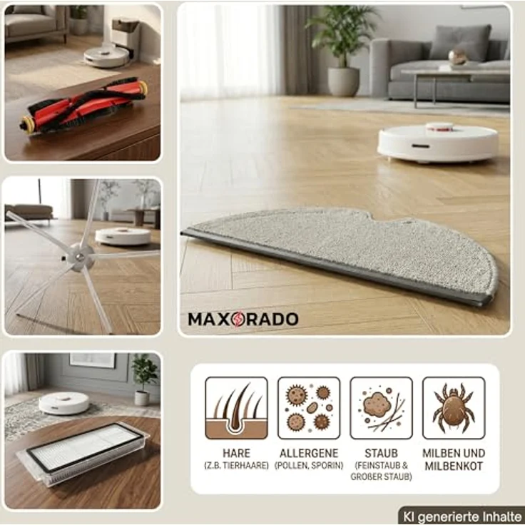 Maxorado Zubehör Set für Roborock S4 S5 MAX S6 Pure E2 E3 E4 E5 Q5 Xiaomi C1, Wartungs-Kit mit 2 Hauptbürsten, 2 Hepa-Filtern, 3 Seitenbürsten und 2 Wischtüchern – Bild 6