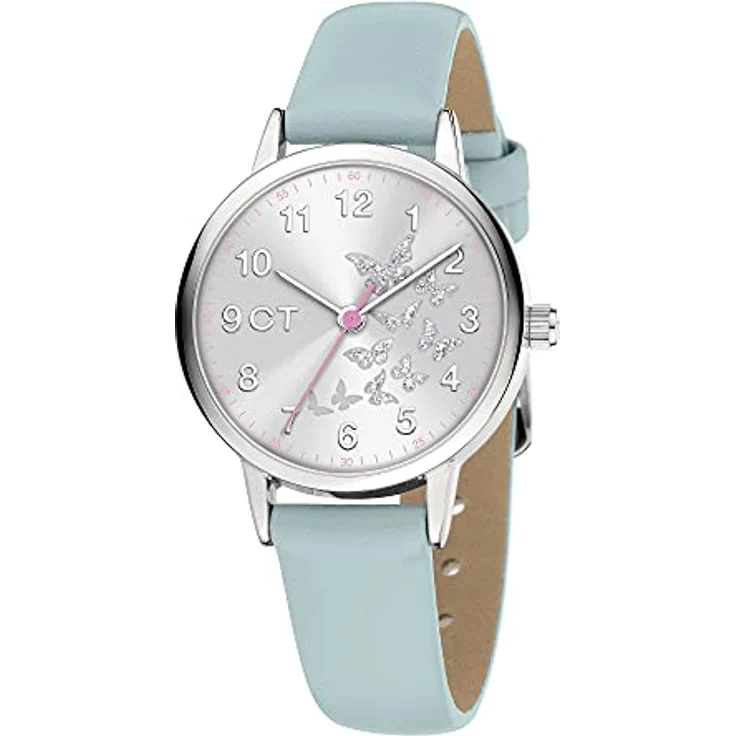 Cool Time Mädchen Kinder Armbanduhr mit glitzernden Schmetterlingen, poliertem Metallgehäuse und kunstlederband, blau – Bild 2