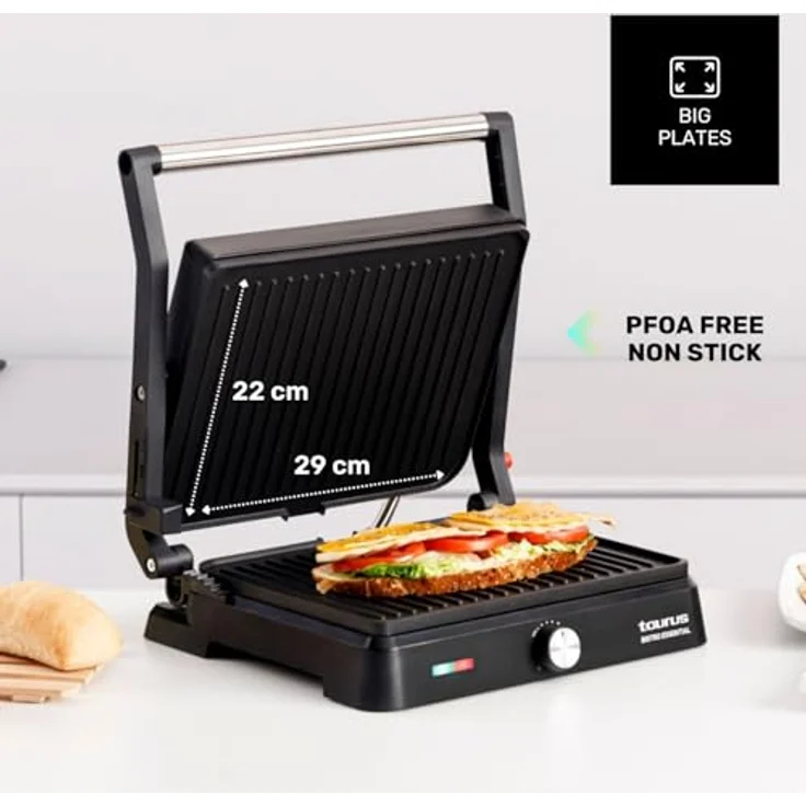 Taurus - Kontaktgrill Essential 2600W | 2-in-1 Grill & Plancha | Platten 29x23 cm | PFOA-frei | Fettauffangschale | Einstellbarer Thermostat | Cool-Touch & Plattenverriegelung – Bild 5