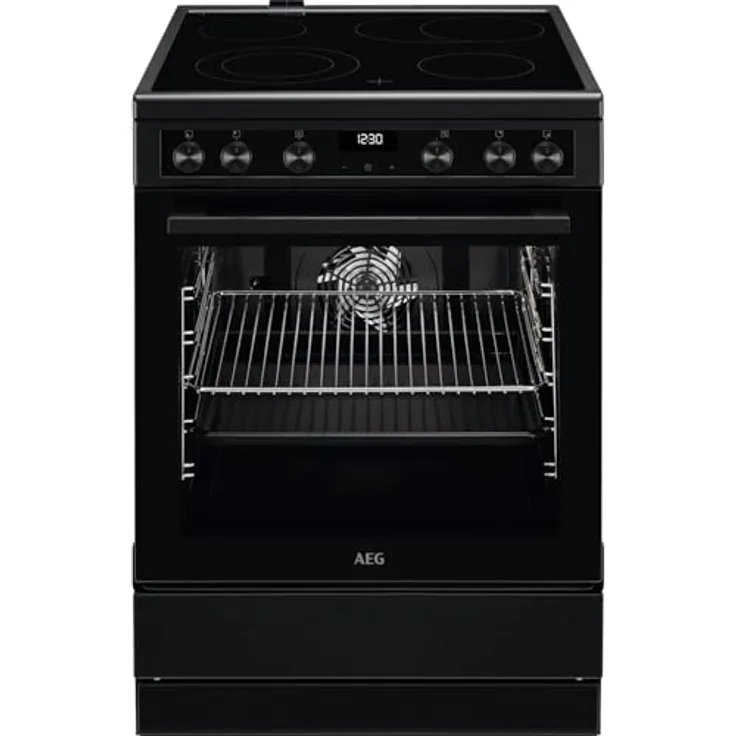 AEG CCB6446BBB 60 cm Standherd mit Glaskeramik-Kochfeld/Bräterzone/Mehrkreiskochzone/Versenkknebel/Touch-Bedienung/Grillfunktion/Display mit Uhr/A, Herd in Schwarz