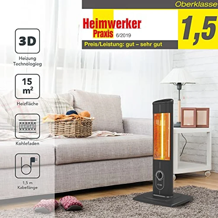 ICQN Stand Heizstrahler 1500 W, Infrarotheizung für Innen- & Außenbereich, Standgerät, IP20, Metallgehäuse mit Schutzgitter – Bild 5
